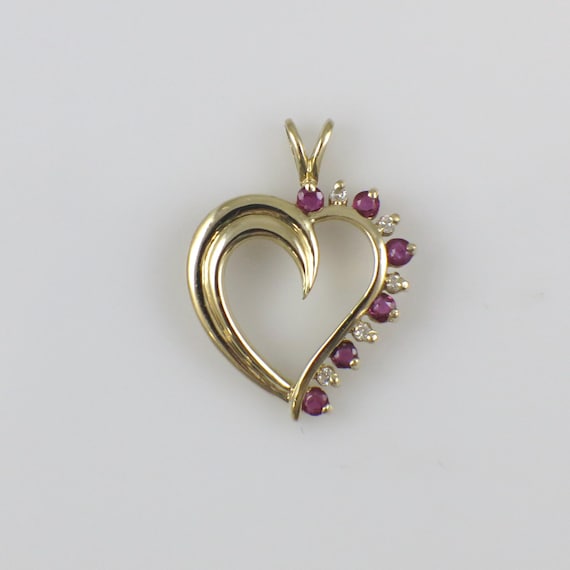Vintage Ruby Diamond Heart Pendant 14K Gold Open Heart Charm