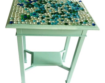 Coastal Style Vintage Oak Accent Table Painted & Decorated Glass Beads  Free Domestic Shipping!!!