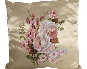 Free Shipping! Hand Painted Floral Satin Pillow, 16"X16" Home Decor!