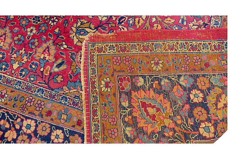 Antique Persian rug with floral design in rust, gold, and navy. Circa 1930. 139L X104 W image 5