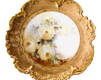 Antique Limoges China , Yellow Roses & Heavy Gold Rim Wall Plate, FREE DOMESTIC SHIPPING!!!