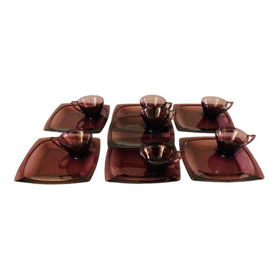 Vintage Hazel Atlas Purple Glass Snack Plates and Cups 14 Pieces Set, FREE DOMESTIC SHIPPING!
