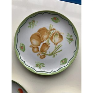 May include: A white ceramic plate with a green rim and a design of brown onions and green leaves.