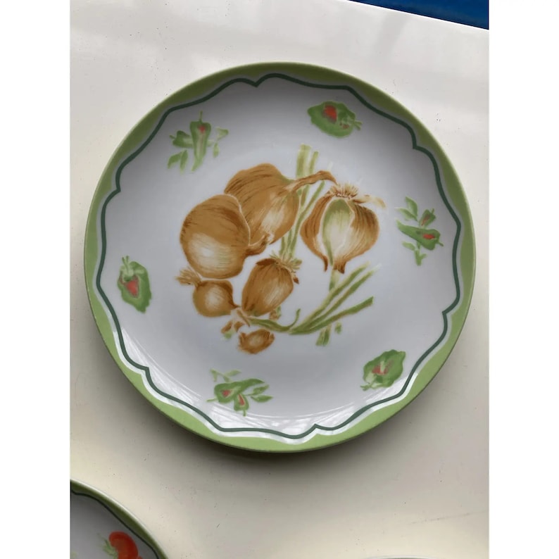 May include: A white ceramic plate with a green rim and a design of brown onions and green leaves.