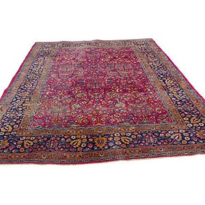 Antique Persian rug with floral design in rust, gold, and navy. Circa 1930. 139L X104 W image 4