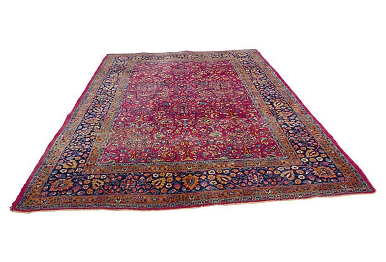 Antique Persian rug with floral design in rust, gold, and navy. Circa 1930. 139L X104 W image 4