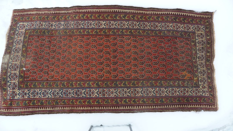 May include: A vintage red, brown, and blue rug with a paisley pattern. The rug has a fringe border and is in good condition.