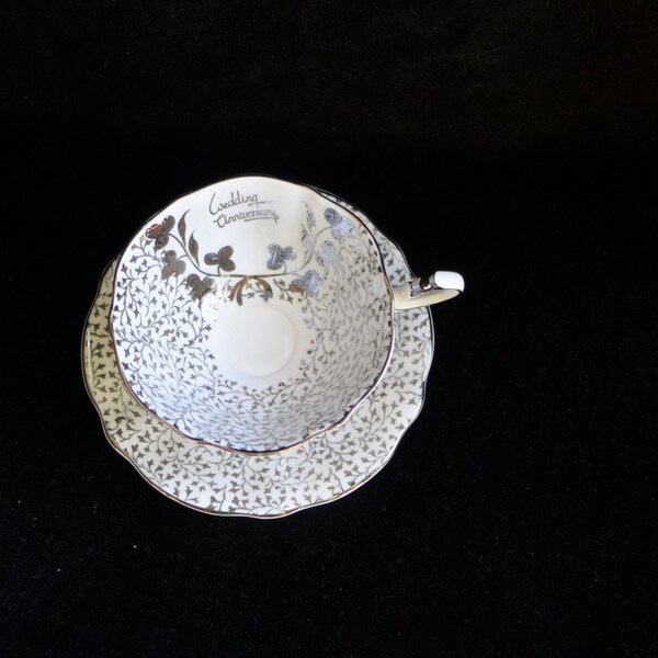 Vintage Queen Anne Silver Lace Wedding Anniversary Teacup & Saucer