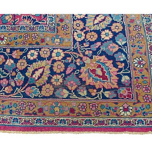Antique Persian rug with floral design in rust, gold, and navy. Circa 1930. 139L X104 W image 2