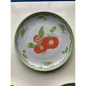 May include: A white ceramic plate with a green rim and a design of red tomatoes and green leaves.
