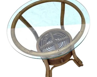 Vintage Rattan Glass-Top Round Side Table, FREE DOMESTIC SHIPPING!!!