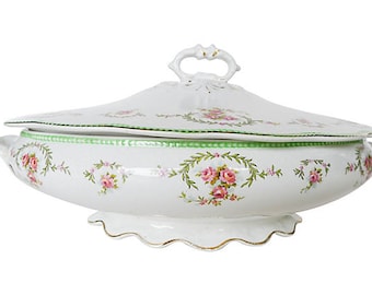 Elegant Rose Decoration Antique Covered Serving Bowl Marked" W.H . Grindley"