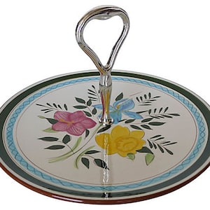 Midcentury Stangl Pottery Sandwich / Tidbit tray with floral decoration and  tall handle. Marked "Stangl Pottery Country Garden."