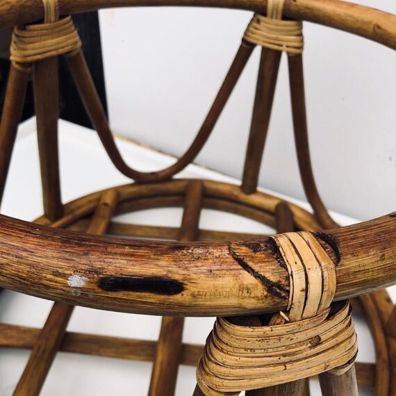 Vintage Round Rattan Foot Stool With Black Cushion FREE DOMESTIC SHIPPING Etsy