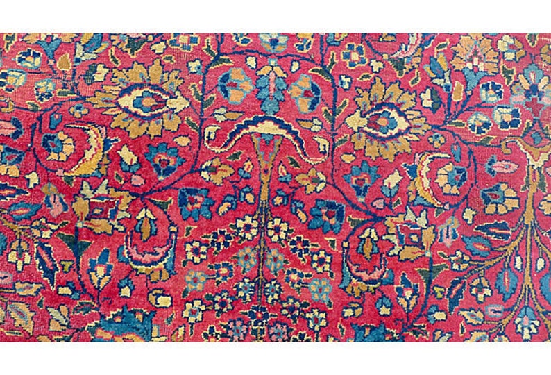 Antique Persian rug with floral design in rust, gold, and navy. Circa 1930. 139L X104 W image 3