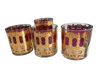 Midcentury Vintage Culver 22-Karat Gold & Red Moorish Rocks Glasses- Set of 4, FREE DOMESTIC SHIPPING!