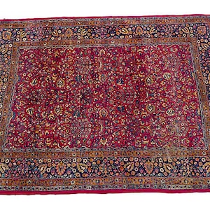 Antique Persian rug with floral design in rust, gold, and navy. Circa 1930. 139L X104 W image 1