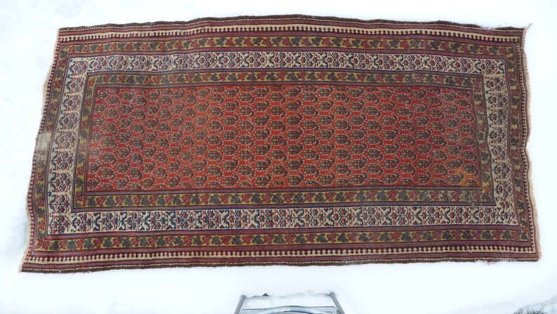 May include: A red, brown, and cream colored rug with a paisley pattern. The rug has a border with a geometric design.