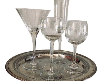 Vintage Wm Rogers Silver Tray With Mixed Sized Crystal Bar Glasses S/5, FREE DOMESTIC SHIPPING!!!