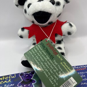 May include: A black and white dalmatian plush bear wearing a red collar. The bear is holding a tag that reads "Birthday Tour Memory 2/4/78 Milwaukee Auditorium Dogs! There were always great dogs everywhere. Big ones, little ones, scruffy ones but all really happy and loved. Where I live I can't have a dog so I always got my dog fix in with my Grateful Dead shows, I loved it."