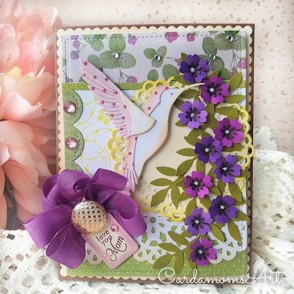 Handmade Greeting card, Mother's Day Handmade Card, Shabby Chic, Hummingbird Card, Floral CARD, Love you mom, Mother's Day Greeting card