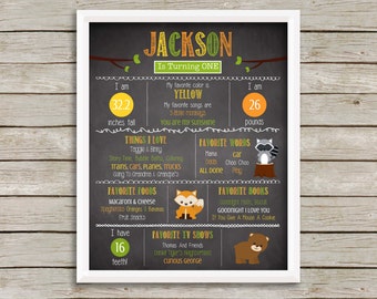 Woodland Birthday Party Stats Poster | Digital Chalkboard Birthday Poster | Milestones Poster (11x14)