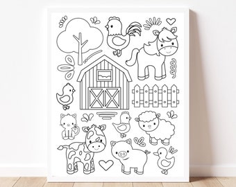 Farm Animals Printable Coloring Page, Cute Farm Animals Digital Coloring Page