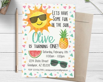 Summer Birthday Invitation, Watercolor Summer Invite, Fun In The Sun Invite
