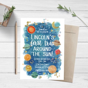 1st Trip Around The Sun Invitation, First Trip Around The Sun Birthday Invite, Space Birthday, Space Invitation, Solar System, Outer Space