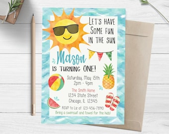 Summer Birthday Invitation, Watercolor Summer Invite, Fun In The Sun Invite, Pool Party Birthday Invite, 5x7