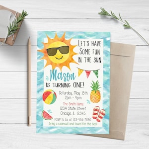 Summer Birthday Invitation, Watercolor Summer Invite, Fun In The Sun Invite, Pool Party Birthday Invite, 5x7