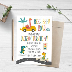 Beep Beep Roar, Dinosaur Birthday Invitation, Drive By Birthday Invite, Dinosaurs In Cars Invite