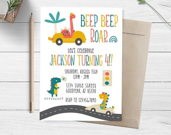 Beep Beep Roar, Dinosaur Birthday Invitation, Drive By Birthday Invite, Dinosaurs In Cars Invite