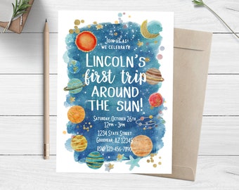 1st Trip Around The Sun Invitation, First Trip Around The Sun Birthday Invite, Space Birthday, Space Invitation, Solar System, Outer Space