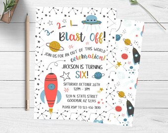 Space Birthday Invitation, Outer Space Birthday Invite, Rocket Ship Birthday, Planet Birthday