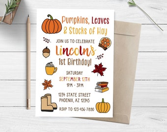 Fall Birthday Invitation, Pumpkin Birthday Invite, Fall Leaves Birthday Invitation