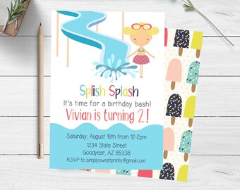 Splish Splash Birthday Invitation, Water Slide Birthday Invite, Pool Party Invitation