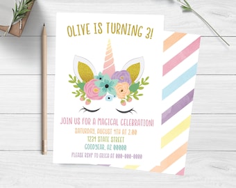 Unicorn Birthday Invitation, Rainbow Unicorn Birthday Invite, Magical Birthday Invite