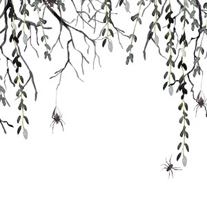 May include: Watercolor painting of bare branches with green leaves hanging down.  Spiders are hanging from the branches.