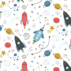 May include: A repeating pattern of rockets, planets, stars, and other space-themed elements on a white background. The rockets are red, blue, and black. Planets are blue, yellow, and red. Stars are yellow and red.
