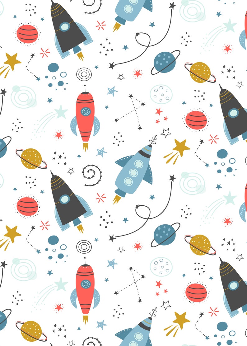 May include: A repeating pattern of rockets, planets, stars, and other space-themed elements on a white background. The rockets are red, blue, and black. Planets are blue, yellow, and red. Stars are yellow and red.