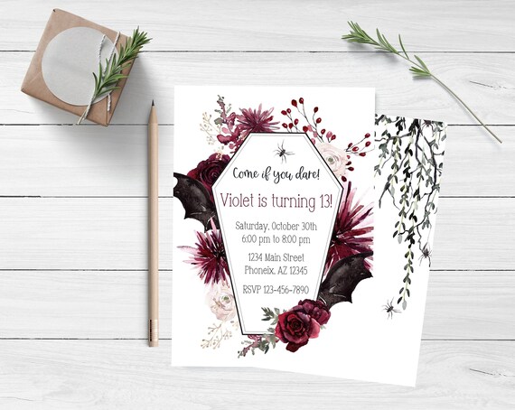 Watercolor Halloween Birthday Invitation, Coffin Halloween Birthday Invite, Teen Halloween Birthday Invite, Halloween Party Invitation, 5x7