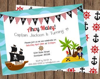 May include: Pirate-themed birthday party invitation with the text "Ahoy Matey! Captain Jackson Is Turning 4!" The invitation features a pirate ship, treasure island, and a banner with skull and crossbones. A matching design with anchors and ship wheels is also shown.