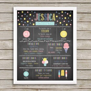 May include: A chalkboard style printable for a child's second birthday. The printable features the name Jessica, her age, height, weight, favorite things, and favorite books. The printable is decorated with colorful ice cream cones and popsicles.