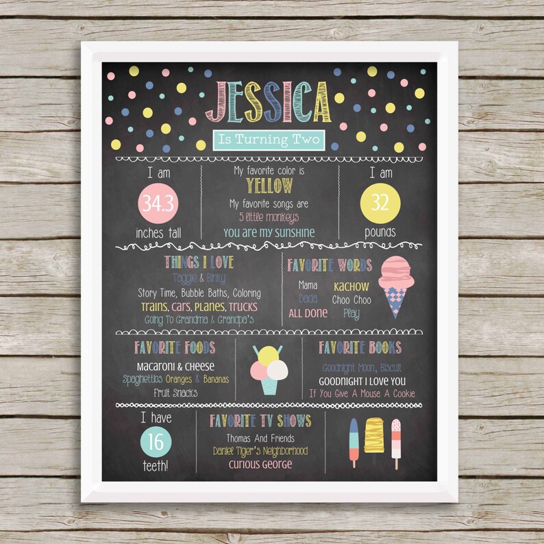 May include: A chalkboard style printable for a child's second birthday. The printable features the name Jessica, her age, height, weight, favorite things, and favorite books. The printable is decorated with colorful ice cream cones and popsicles.