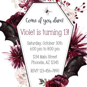 May include: A black and white bat wing design with a white coffin-shaped invitation. The invitation has a spider graphic and the text "Come if you dare! Violet is turning 13! Saturday, October 30th 6:00 pm to 8:00 pm 1234 Main Street Phoneix, AZ 12345 RSVP 123-456-7890". The invitation is surrounded by watercolor flowers in shades of pink, red, and white.