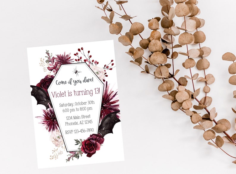 May include: A black and white invitation with a gothic theme. The invitation features a coffin-shaped frame with a spider and bats. The text reads "Come if you dare! Violet is turning 13!" with details about the party, including the date, time, address, and RSVP information.