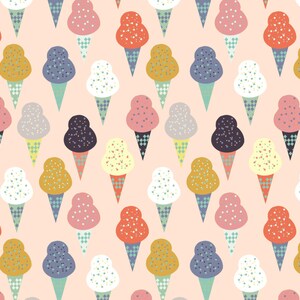 May include: A seamless pattern featuring various ice cream cones with different colored scoops and sprinkles on a light pink background.
