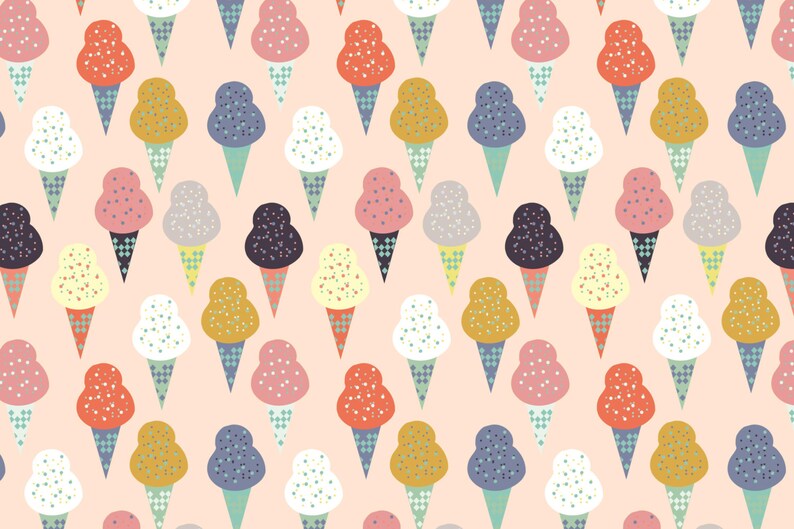 May include: A seamless pattern featuring various ice cream cones with different colored scoops and sprinkles on a light pink background.