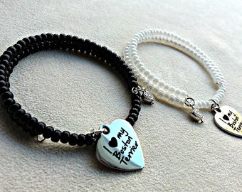 handmade black and white memory wire bracelet/s with charms – all proceeds to Boston Terrier Rescue Canada